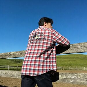 Disney Parks Mickey Mouse Plaid Shirt Mens XL Red Blue Walt Disney World